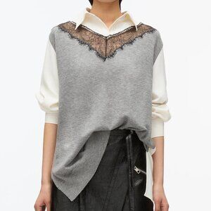 3.1 Phillip Lim Black Gray Ivory Oversized Knit Combo Shirt with Lace Inlay